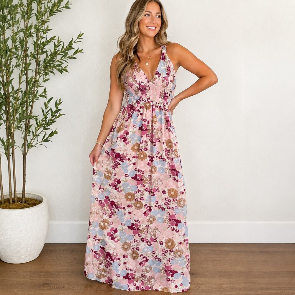 Japna Floral Maxi Dress Pale Pink Boho Sleeveless Sz XS
